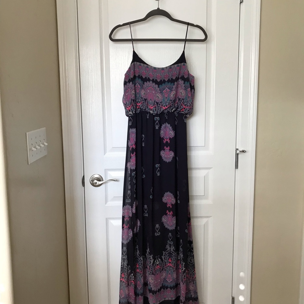 Navy with multicolored design maxi dress.